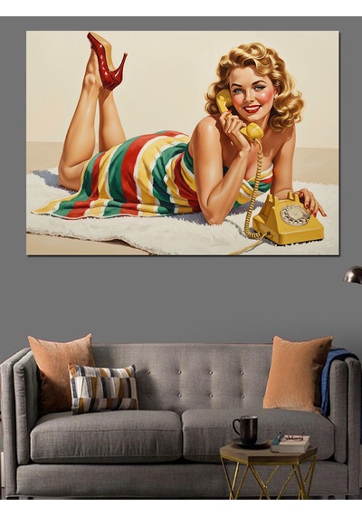 Retro Pin-up Çizgili Elbiseli Kadın Telefonla Konuşuyor Dekoratif Kanvas - Mdf Ahşap Tablo