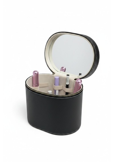 Makyaj Düzenleyici Aynalı Makyaj Çantası Siyah Bölmeli Taşınabilir Kozmetik Organizer 19x15x16 Cm