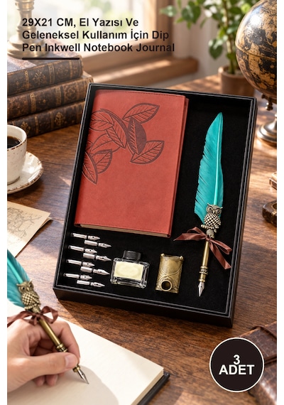 3 Adet Deri Defterli Ve Divit Hokka Seti 29x21 Cm, El Yazısı Ve Geleneksel Kullanım İçin Dip Pen Inkwell Notebook Journal