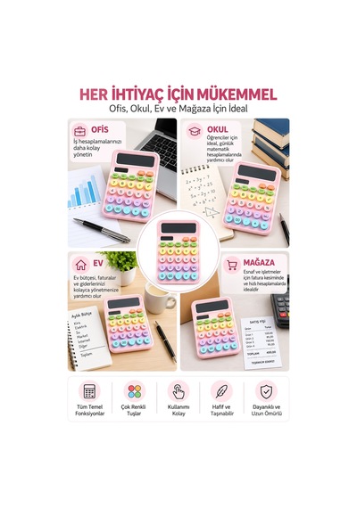 Lcd Ekran Hesap Makinesi 12 Haneli Hesap Makinesi Pastel Pembe