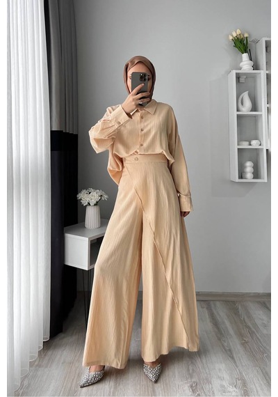 Neşeli Butik Kadın Tunik Pantolon İkili Tesettür Takım Nms052 Bej