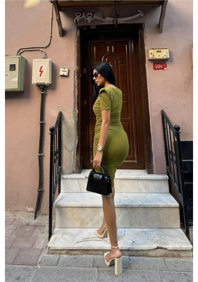 Veraura Lifestyle Kadın Krep Kumaş Bisiklet Yaka Büzgülü Kısa Kollu Elbise Yeşil