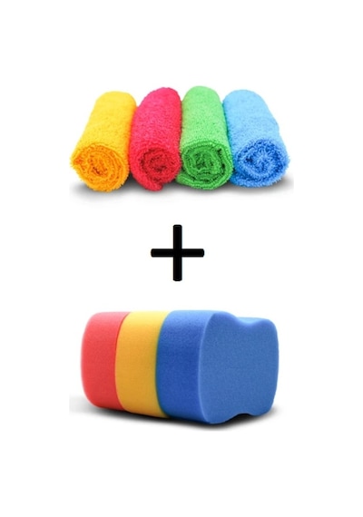 Süper Microfiber Temizlik Bezi 4'lü + Oto Yıkama Süngeri 3'lü
