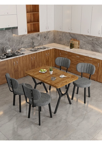 Azra 70x110cm Atlantik Mutfak Masası, Mutfak Masası Takımı, Yemek Masası, 4 Koyu Gri Sandalye Koyu Gri