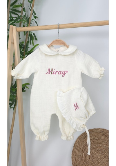 Gros Shop Müslin Yeni Doğan 4katlı Organik %100pamuk Kişiye Özgü Nakışlı Hastane Çıkış Seti Papatya Model-12 Ekru-2