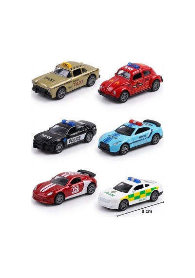 6'lı Metal Çek Bırak Oyuncak Araba Seti - Dayanıklı Diecast Gövde - Polis Taksi Araçları 8 Cm