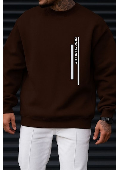 Benroma 3 İplik Penye New York Cıty Baskılı Unisex Sweatshırt Kahverengi