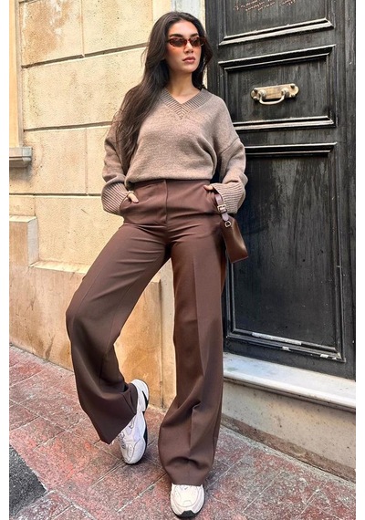 Madmext Vizon V Yaka Oversize Kadın Triko Kazak Mg2149 Vizon