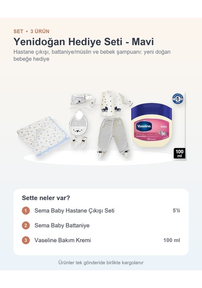 Yenidoğan Hediye Seti 3 Parça: Hastane Çıkışı Seti + Battaniye + Vaseline Bakım Kremi - Mavi