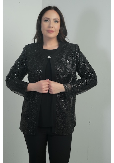 By Saygı Kadın Ceketi Boncuk İşleme Pul Payet Uzun Kol B.b. İkili Takım-40913 Siyah
