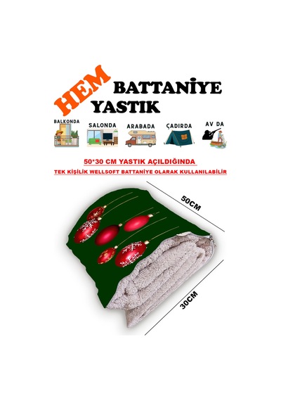 Yılbaşı Noel Desen Baskılı Tv Battaniyeli Opsiyonel Dekoratif Yastık Battaniye 2in1-01 Çok Renkli