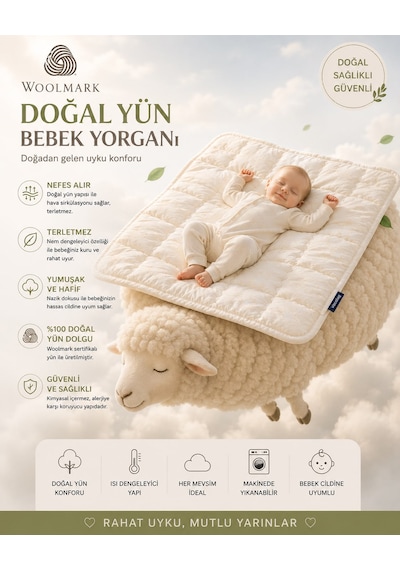 Viscolog %100 Woolmark Doğal Yün Bebek Uyku Yorganı Tela Çantalı 95x145 CM