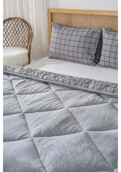 Rivaistanbul Gri Kareli Loura Çift Kişilik Çift Taraflı Lüx Wellsoft Yorgan Seti 195x215 Cm Gri