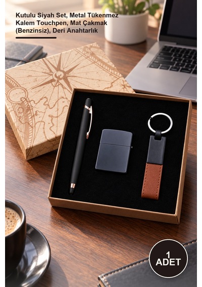 1 Adet Anahtarlık Çakmak Ve Touchpen Rubber Kalem Kutulu Siyah Set, Metal Tükenmez Kalem Touchpen, Mat Çakmak Benzinsiz , Deri Anahtarlık