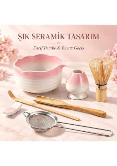 Valkyrie 7 Parça Matcha Seti Chasen Çırpıcı Chawan Kase Chashaku Kaşık Süzgeç Ve Stand Pembe
