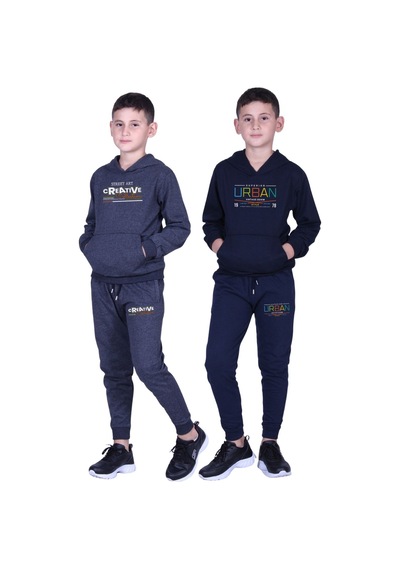 Fyk Kids Erkek Çocuk Baskılı Kanguru Cepli Kapüşonlu 2li Eşofman Takımı Füme - Lacivert