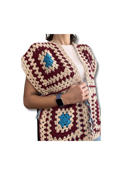 El Yapımı Bağlamalı Uzun Bohem Granny Square Kadın Yelek