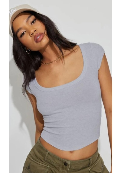 Madmext Gri Geniş Yaka Kadın T-shirt Mg2341 Gri