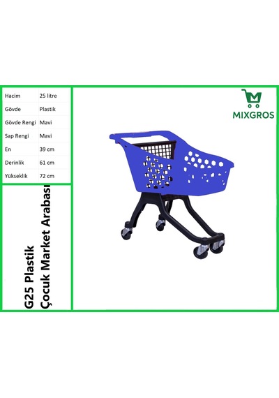 G25 Plastik Çocuk Market Alışveriş Arabası 25 Litre Mavi