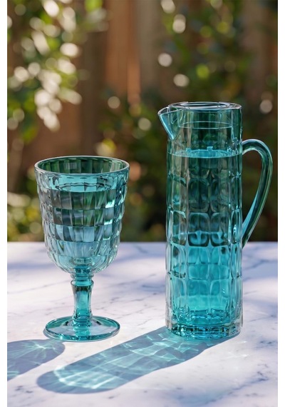Akrilik Allegra Aquamarin 7 Parça Kadeh & Su Meşrubat Bardağı 450 Ml Ve Akrilik Allegra Aquamarin 1,5 Lt Sürahi Cam Değildir Turkuaz