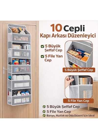 Valkyrie Kapı Arkası Organizer 5 Cepli Askılı Dolap Düzenleyici Çok Amaçlı Kapı Arkası Raf 20kg Taşıma Gri Gri