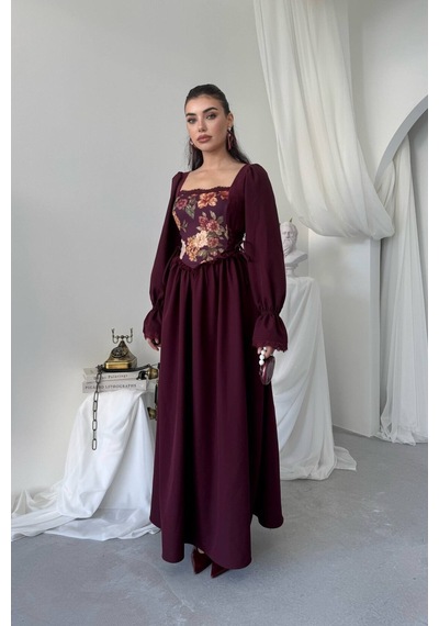 Nils Boutique Vintage Korsajlı Midi Elbise Bordo