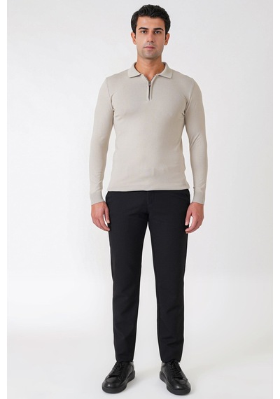 Slim Fit Esnek Pamuklu Fermuarlı Polo Yaka Taş Triko Tr 902