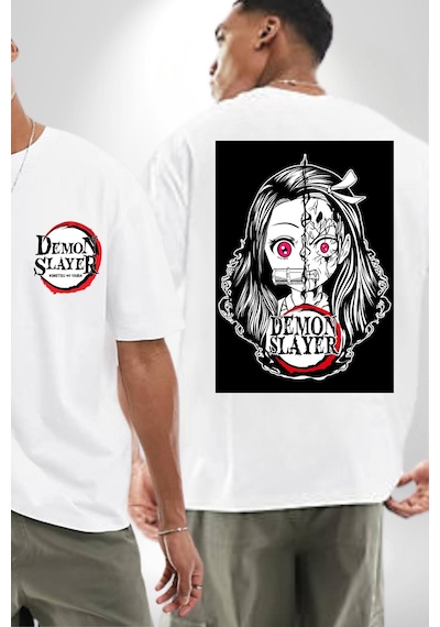 Anime Demon Slayer Beyaz Oversize Unisex Ön Ve Sırt Baskılı Tişört Beyaz
