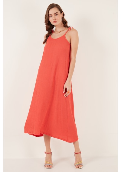 Lela Regular Fit Ip Askılı Uzun Bayan Elbise 5865732 Nar Çiçeği