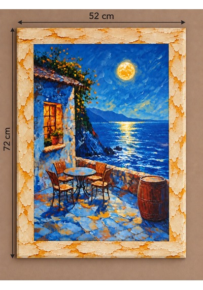 Ahşap Eskitme Çerçeve Desenli Taş Duvar Avlusu Ve Ay Işığı Manzaralı Dekoratif Ahşap Tablo 52x72 Cm