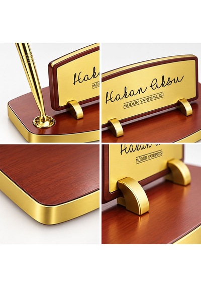 Bk Gift Kişiye Özel Kalemli Ahşap Masa İsimliği Gold Plakalı Bk26 -1 Çok Renkli