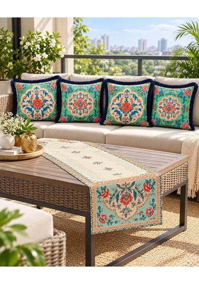 Oriental Bloom Çiçek Desenli Runner + 4 Lü Kırlent Kılıfı Kombin 45 x 45