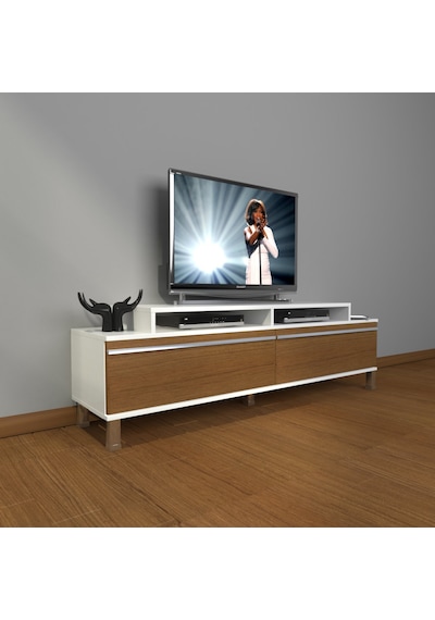 Decoraktiv Ekoflex 4 Mdf Krom Ayaklı Tv Ünitesi Tv Sehpası Beyaz - Ceviz