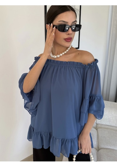 Lodmela Yaka Lastikli Şifon Bluz 6022-Indigo