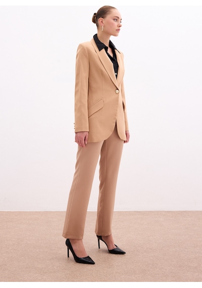 Sateen Düğme Detaylı Uzun Ceket - Camel-131431 CAMEL