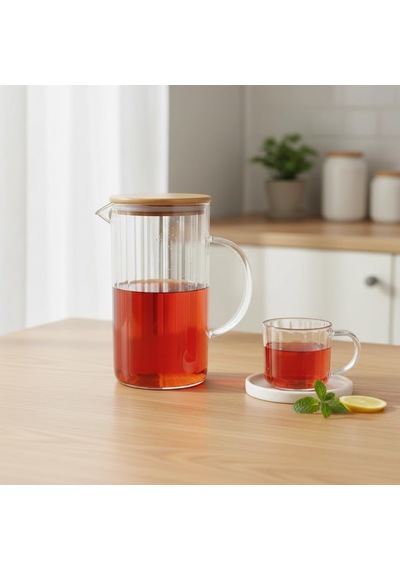 1000 Ml Bambu Kapaklı Borosilikat Cam Yağlık Ve Sürahi - Isıya Dayanıklı Çizgili Line Desenli Modern Meşrubat Ve Su Karafı 9x17 Cm Çok Renkli