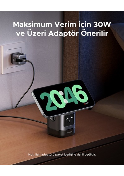 Ugreen Uno Qi2 15w 2-in-1 Katlanabilir Kablosuz Şarj Standı İphone & Airpods Uyumlu , 45775