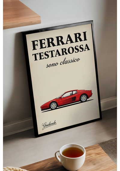 Ferrari Testarossa Siyah Ahşap Çerçeveli Poster, Dekoratif Araba Duvar Tablosu