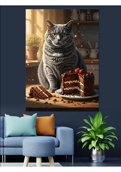 Ahşap Tablo Pasta Yiyen Gri Kedi