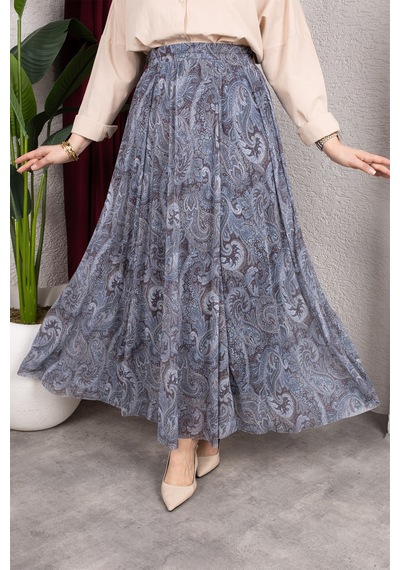 Hira Life Fashion Asimetrik Kesim Etnik Desen Astarlı Tül Tesettür Etek Gri Gri