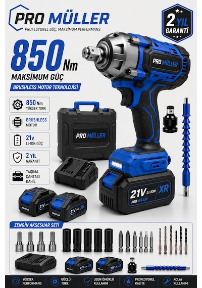 Pro Müller Professional 21v Çift Akülü 850nm Torklu Bl Motor Şarjlı Darbeli Somun Sıkma Sökme Makinesi Setli