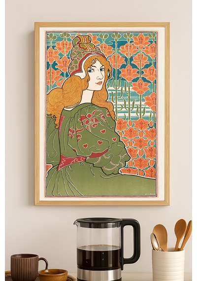 Elbiseli Kadın Doğal Ahşap Çerçeveli Poster, Dekoratif Sanatsal Duvar Tablosu