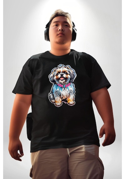 Angemiel Shih Tzu Renkli Köpek Siyah Büyük Beden Erkek Kadın Unisex Basic Ön Baskılı Tişört Siyah