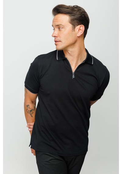Erkek Fermuarlı Polo Yaka T-shirt Siyah Siyah