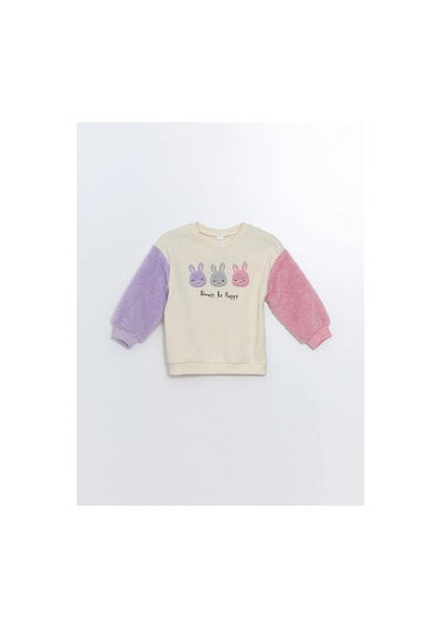 LC Waikiki Lcw Kids Ekru Bisiklet Yaka Kalın Baskılı Kız Bebek Sweatshirt Krem Rengi