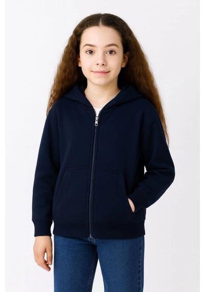 Moda Kız Çocuk Kapüşonlu Kanguru Çepli Tam Fermuarlı Hırka Sweatshirt - Lacivert Çok Renkli