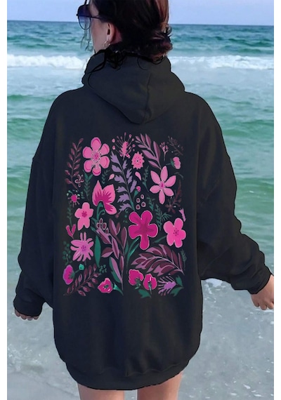 Uyguntarz Bahar Esintisi Çiçek Baskılı Oversize Sweatshirt siyah