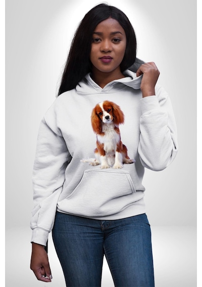 Cavalier King Charles Spaniel Kadın Erkek Beyaz Kapüşonlu Sweatshirt Hoodie Beyaz
