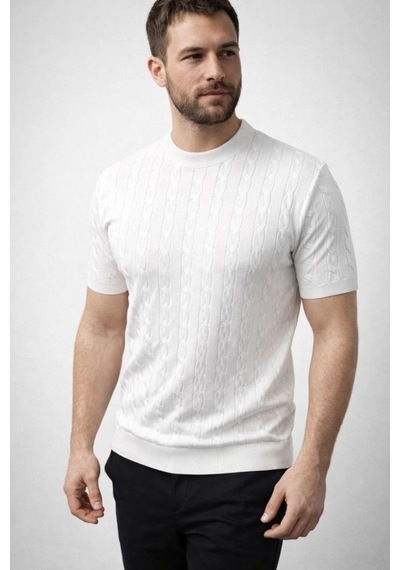 Erkek Yazlık Triko Dokuma Tişört Kısa Kol Bisiklet Yaka Örgü Desenli T-shirt - Beyaz