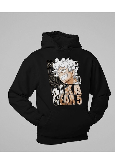 Monkey D. Luffy Nika Gear 5 Baskılı Unisex Oversize Anime Hoodie Siyah